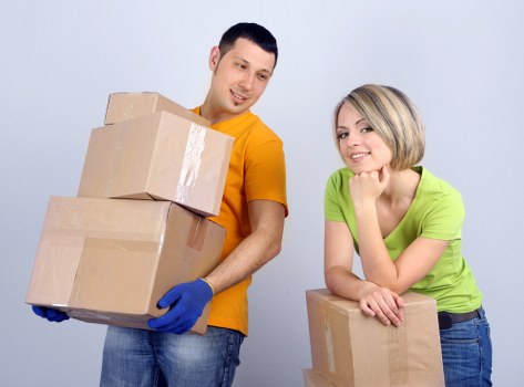 Packed office furniture and equipment ready for transport