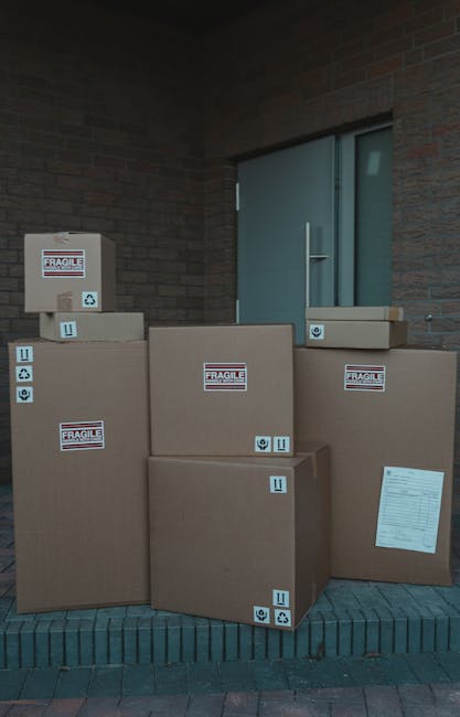 A man with dark, curly hair and a beard is indoors, holding a medium-sized cardboard box labeled 'OFFICE' and 'MEDIUM' in black print, during a home or office relocation process. The box is sealed wit