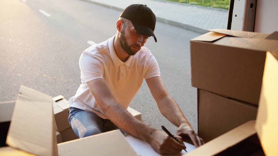 A man wearing a white polo shirt and glasses is seen unloading cardboard boxes from the back of a moving van, positioned on a residential street during sunset. The open van door reveals multiple stack