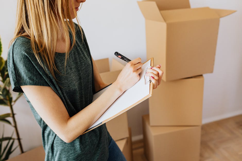 A woman with long blonde hair, wearing a dark green short-sleeved T-shirt, is holding a clipboard and writing with a black marker in her right hand, while standing indoors near a set of stacked cardboard boxes used for home packing and moving. The boxes vary in size and are arranged on the floor, some with flaps open, suggesting they are ready for filling or packing household items as part of a house removal process. The room has neutral-colored walls and a wooden floor, with natural lighting illuminating the scene. Behind the woman, there is a glimpse of a tall, green potted plant, adding to the domestic environment. This scene reflects the preparation and organization involved in furniture transport and packing for a relocation service. Man With a Van Chessington provides professional removals as part of comprehensive home moving logistics, highlighting the packing, sorting, and transport stages typical of domestic relocation services.