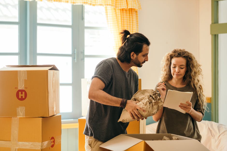 A woman with long blonde hair, wearing a dark green short-sleeved T-shirt, is holding a clipboard and writing with a black marker in her right hand, while standing indoors near a set of stacked cardboard boxes used for home packing and moving. The boxes vary in size and are arranged on the floor, some with flaps open, suggesting they are ready for filling or packing household items as part of a house removal process. The room has neutral-colored walls and a wooden floor, with natural lighting illuminating the scene. Behind the woman, there is a glimpse of a tall, green potted plant, adding to the domestic environment. This scene reflects the preparation and organization involved in furniture transport and packing for a relocation service. Man With a Van Chessington provides professional removals as part of comprehensive home moving logistics, highlighting the packing, sorting, and transport stages typical of domestic relocation services.